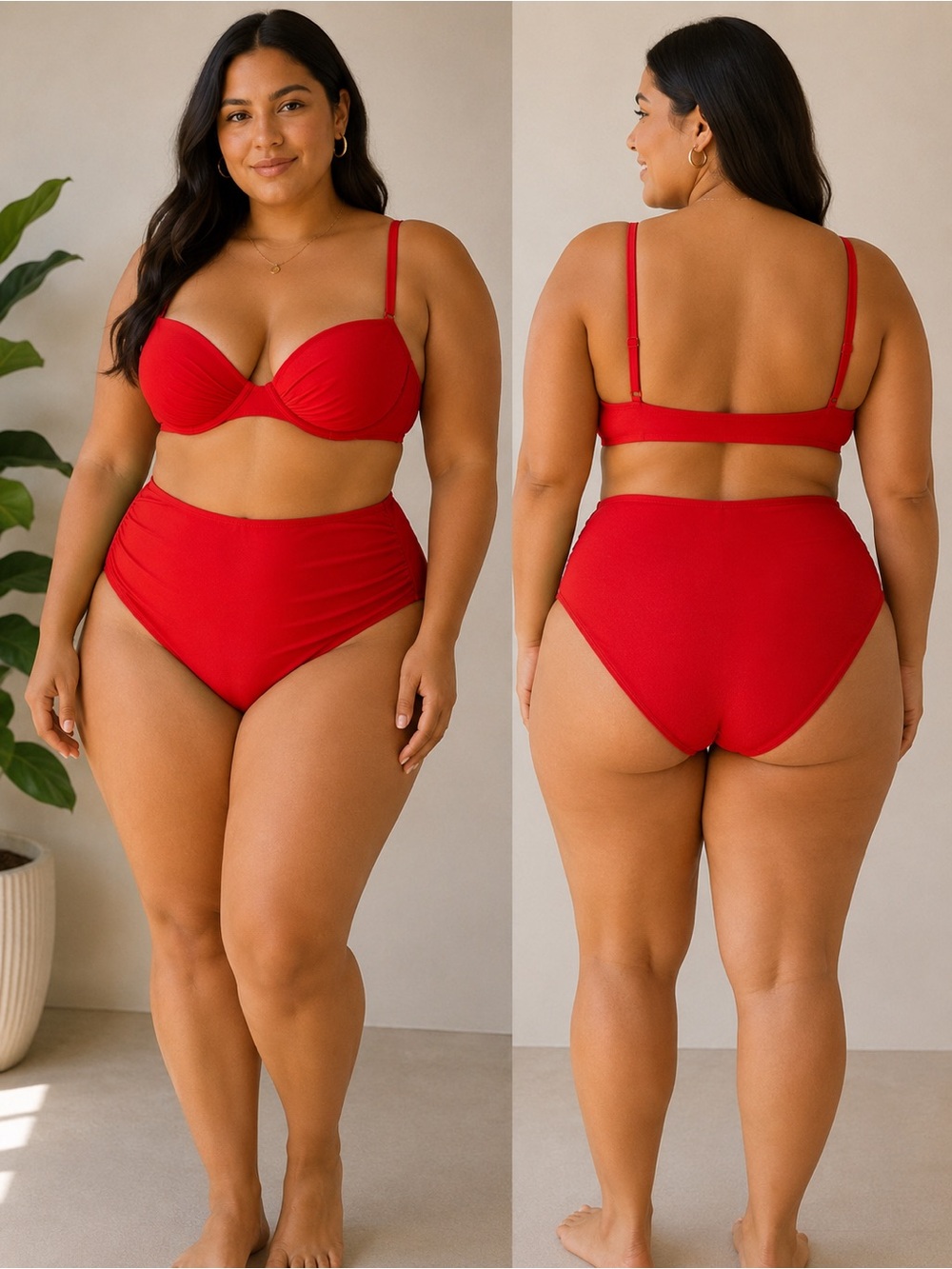 Red High-Waist Bikini Set - Women Swim